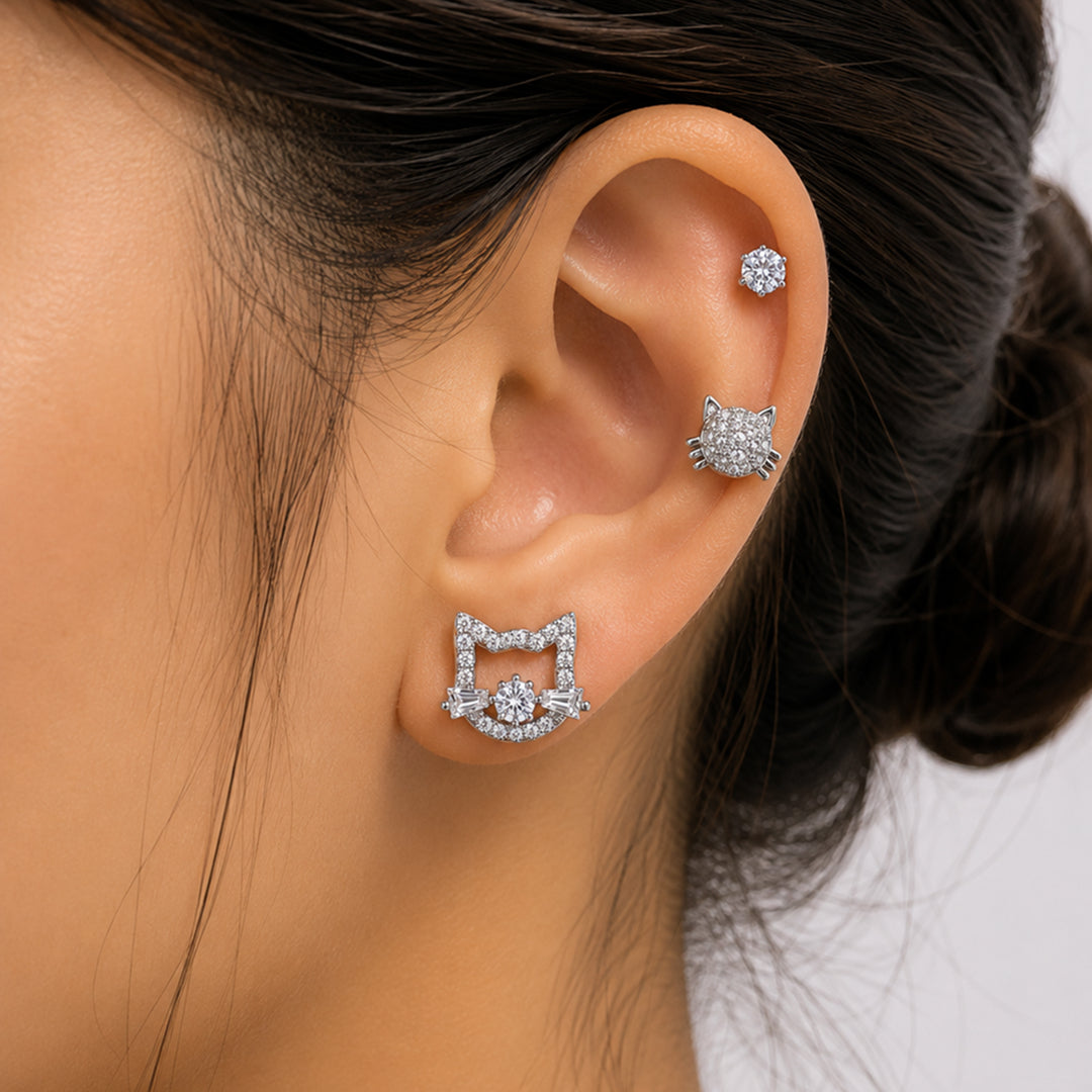 Silver Cute Cat Stud Earrings Set of 3