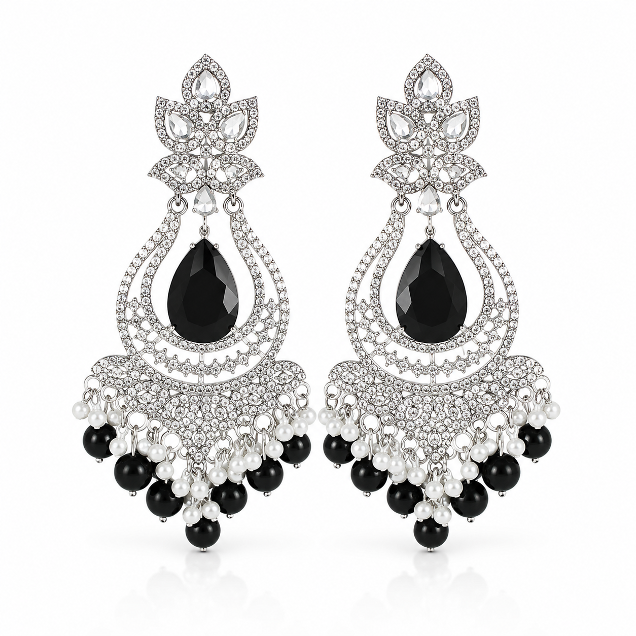 Black Teardrop Crystal Statement Jhumka Earrings
