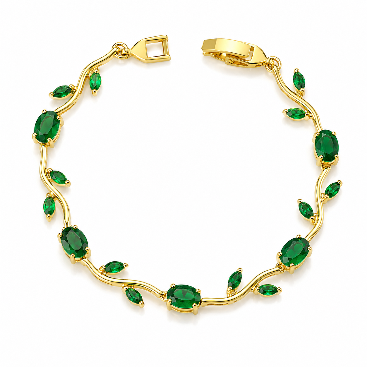 Tulip Light Gold Floral Gemstone Bracelet - Green Gem