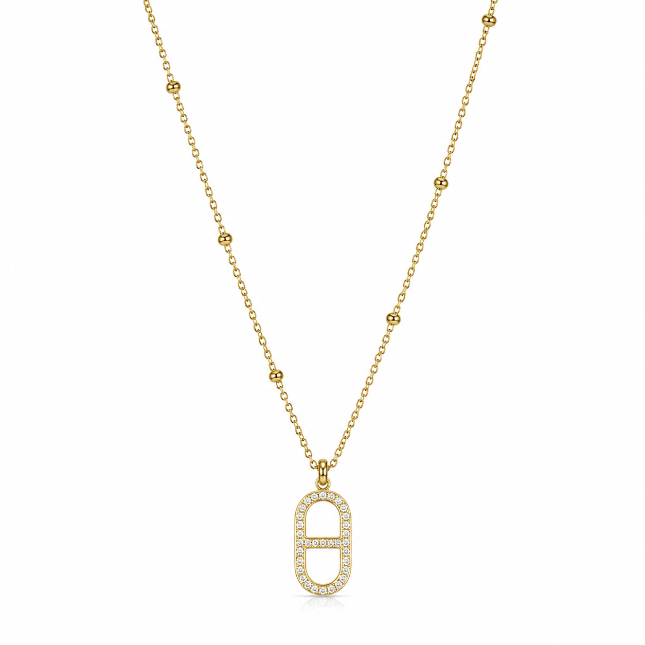 Gold Crystal Oval Link Pendant Necklace with Sparkling Stones and Beaded Chain for Women