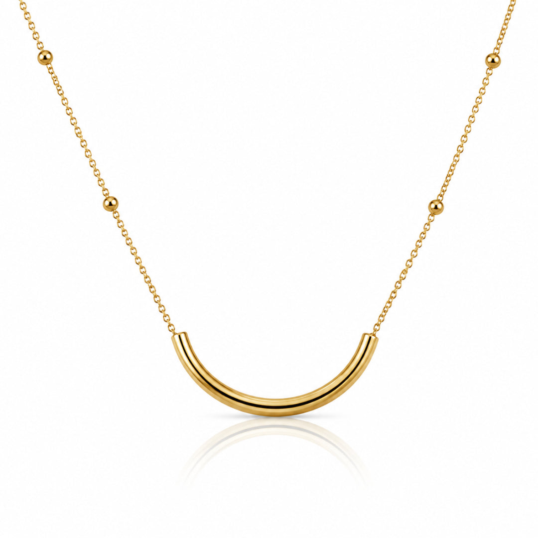 Gold Curved Bar Necklace with Delicate Beaded Chain