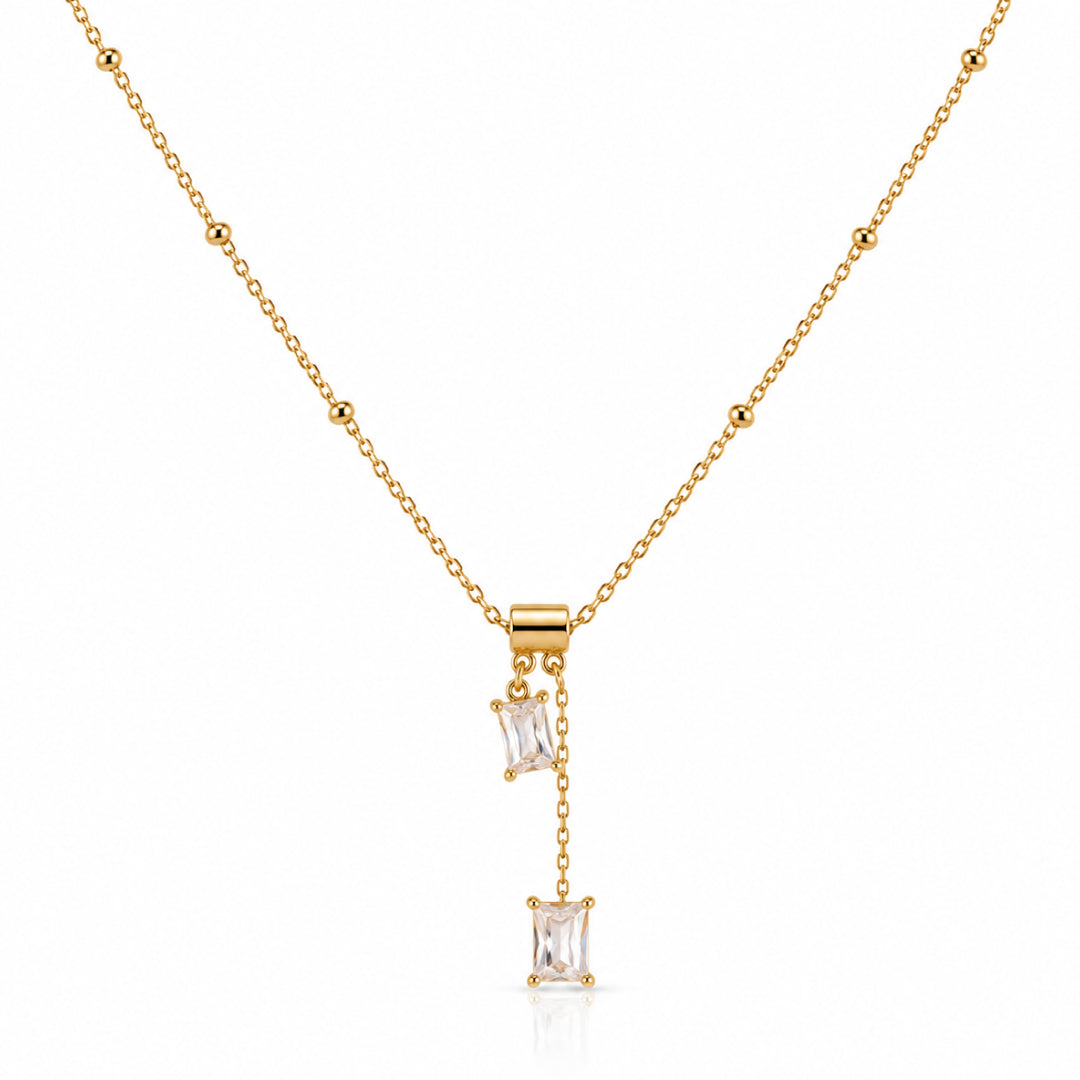 Gold Double Crystal Drop Pendant Necklace with Rectangular Crystal Accents