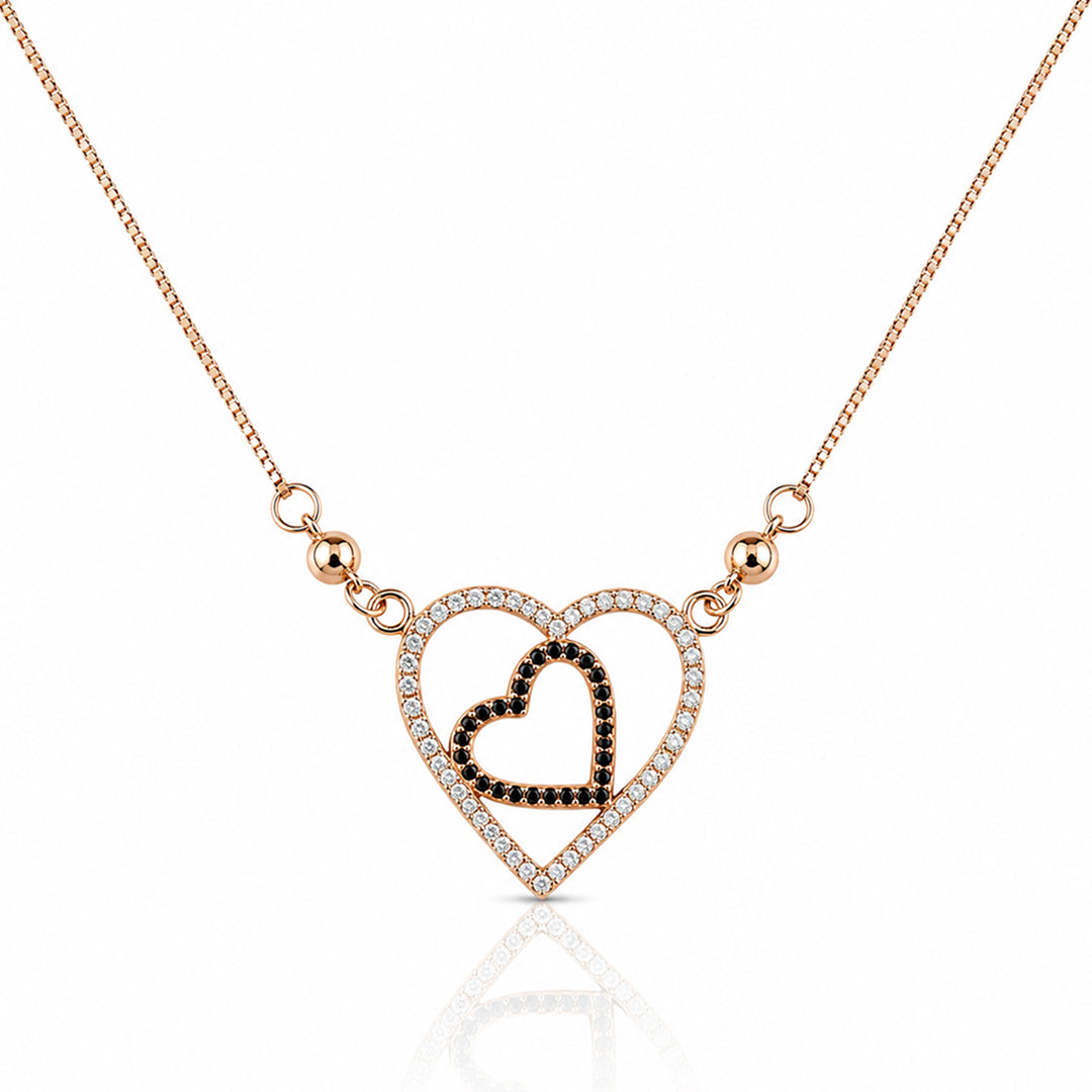 Rose Gold Double Heart Necklace with White and Black Crystal Accents for Women