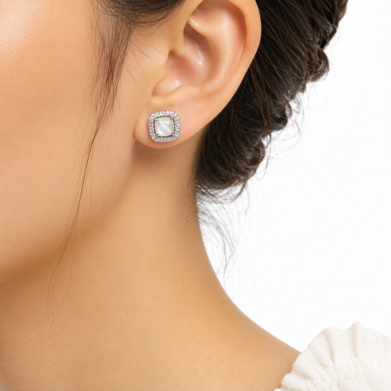 Silver Square Halo Stud Earrings