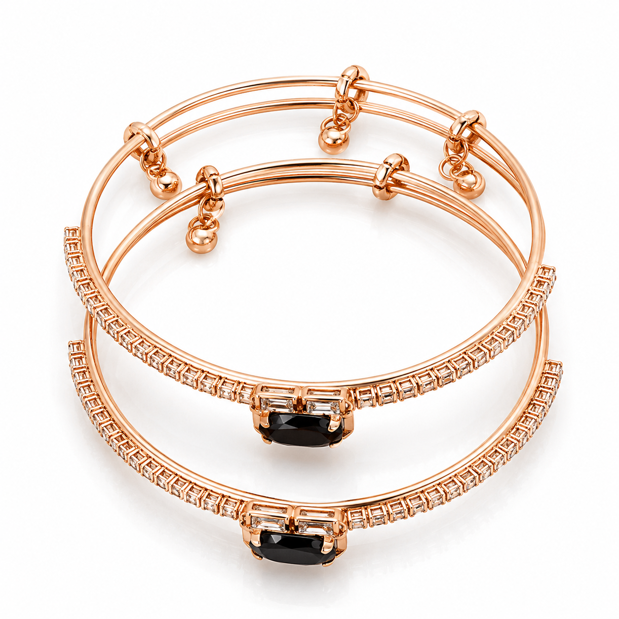 Rose Gold Midnight Oval Crystal Hinged Bangle Bracelet Set (Pack of 2)