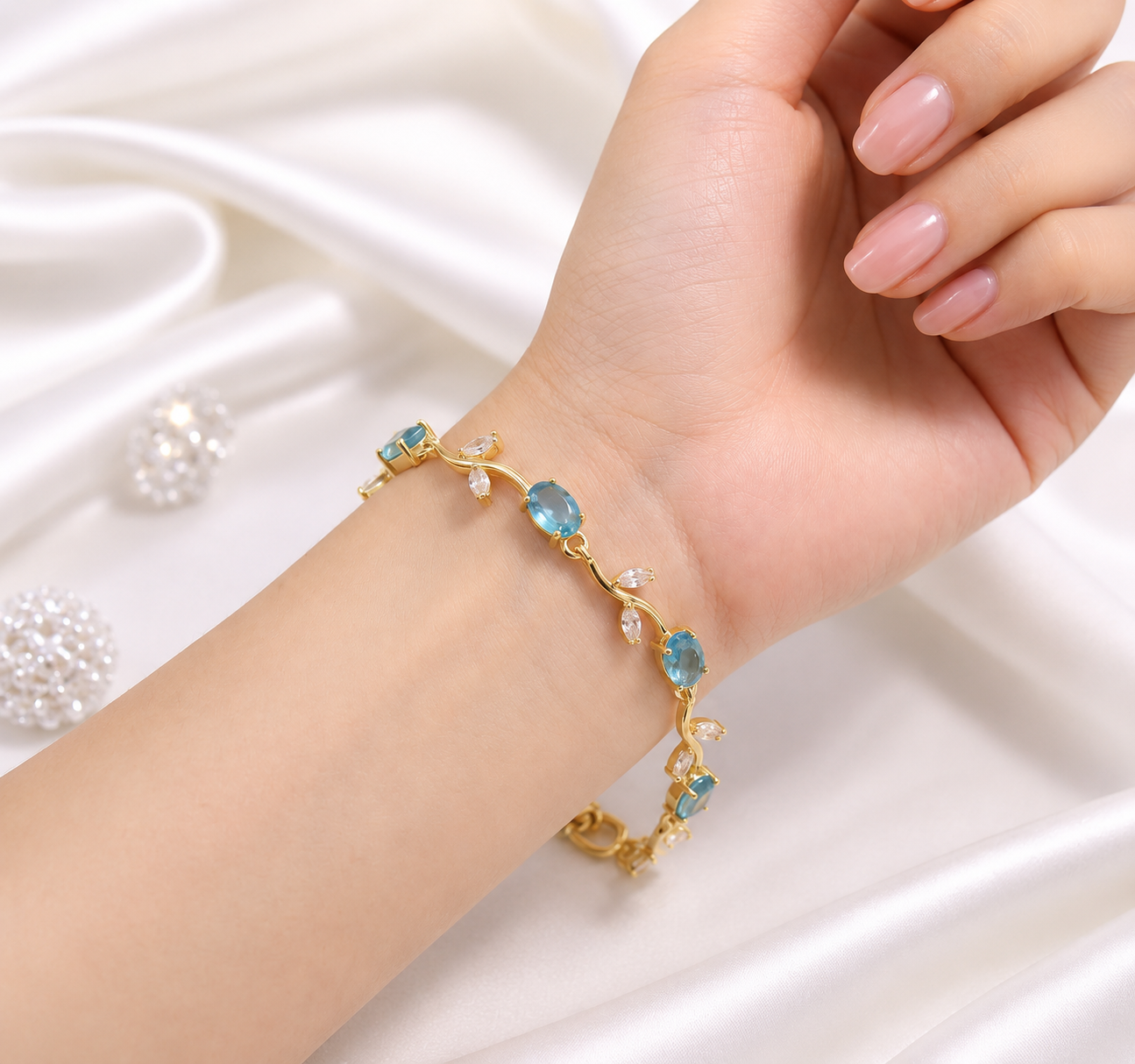 Sky Blue Tulip Light Gold Floral Gemstone Bracelet