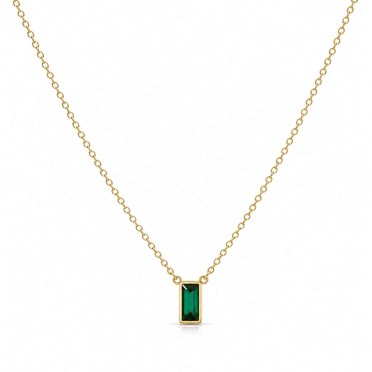 Emerald Green Rectangular Crystal Pendant Necklace in Gold with Delicate Chain