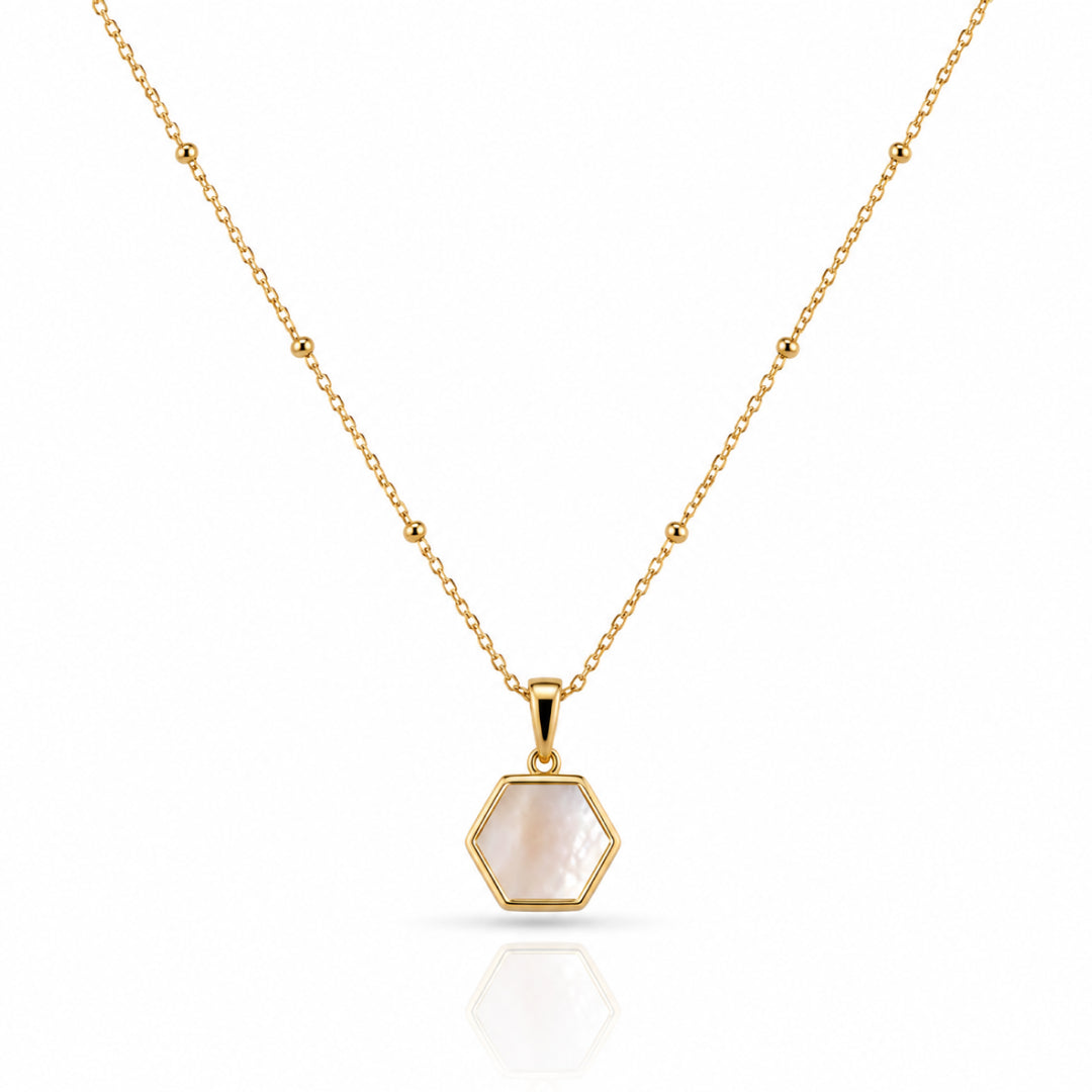 Gold Hexagon Pearl Pendant Necklace with Delicate Beaded Chain