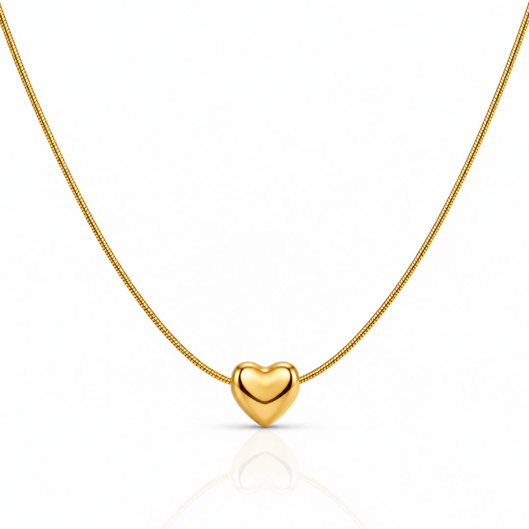 Gold Heart Charm Necklace with Polished Heart Centerpiece for Women