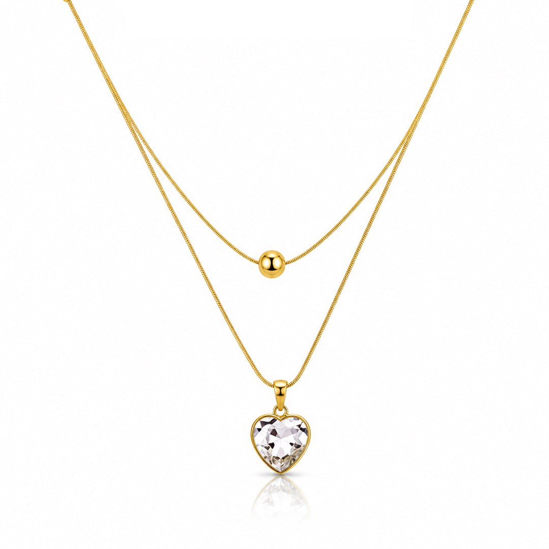 Gold Layered Necklace with Heart-Shaped Crystal Pendant