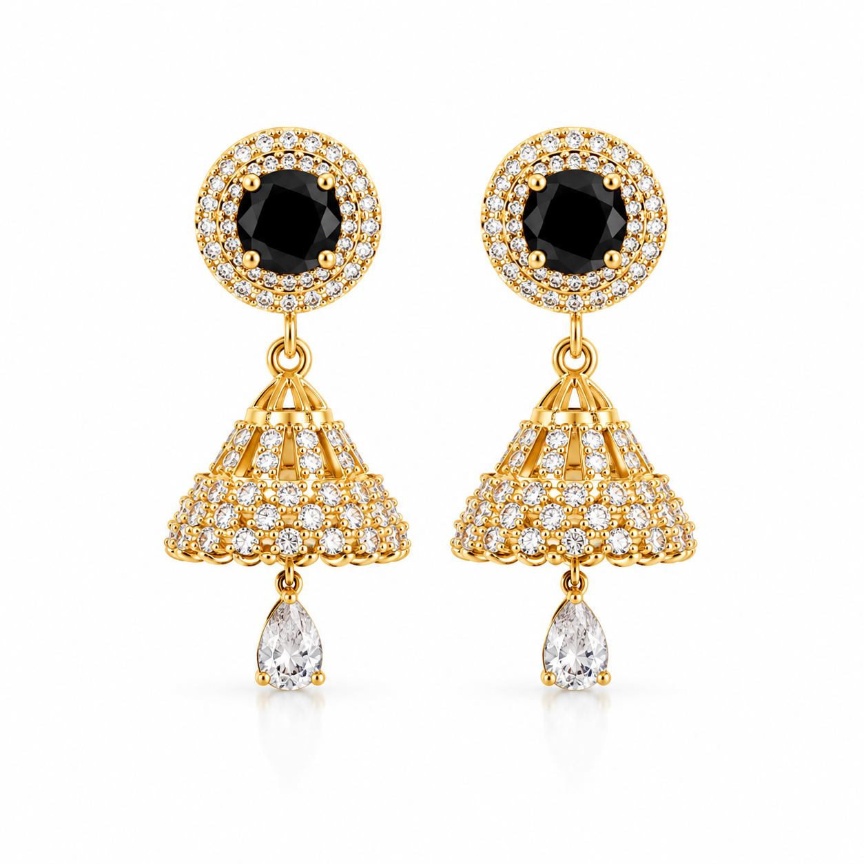 Light Gold Black Stone Jhumka Drop Earrings