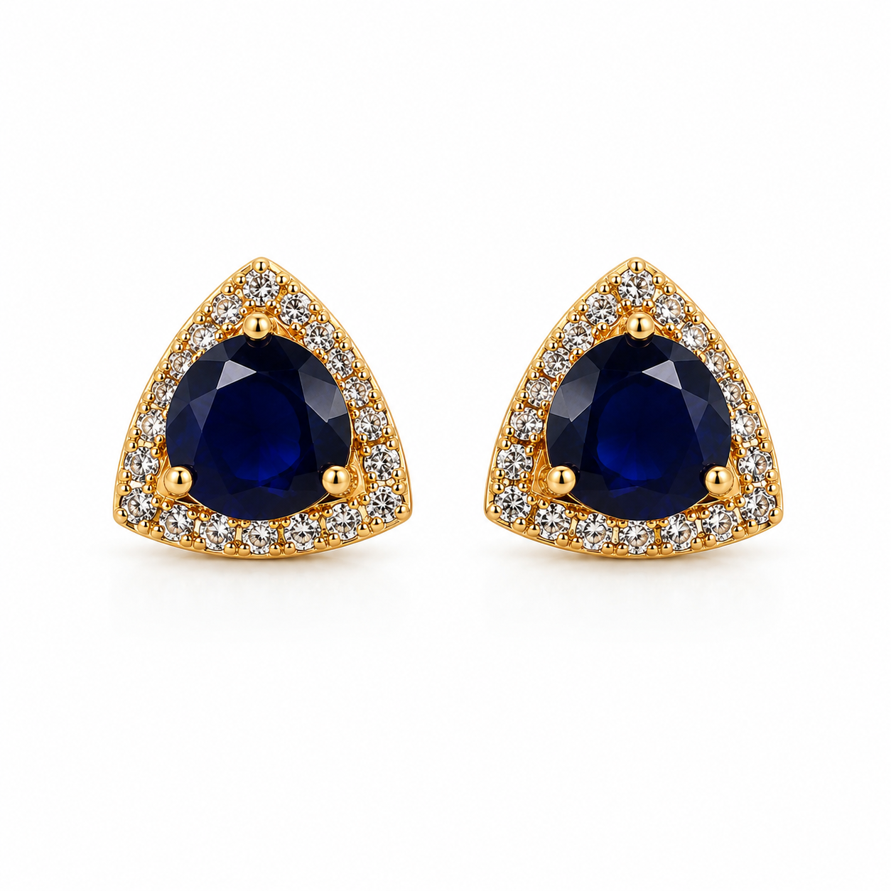 Light Gold Blue Triangle Halo Stud Earrings