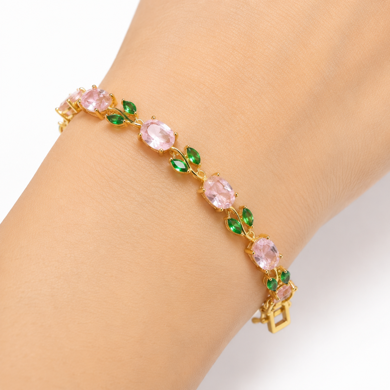 Tulip Light Gold Pink Floral Gemstone Bracelet