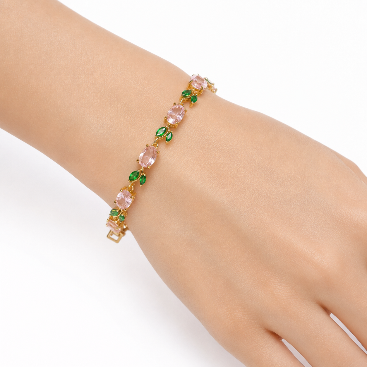 Tulip Light Gold Pink Floral Gemstone Bracelet