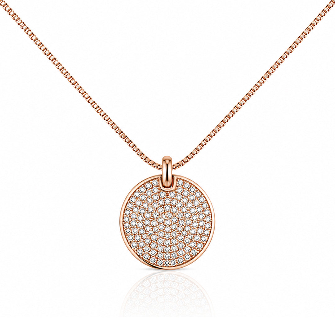 Rose Gold Pavé Crystal Disc Necklace with Sparkling Round Pendant for Women