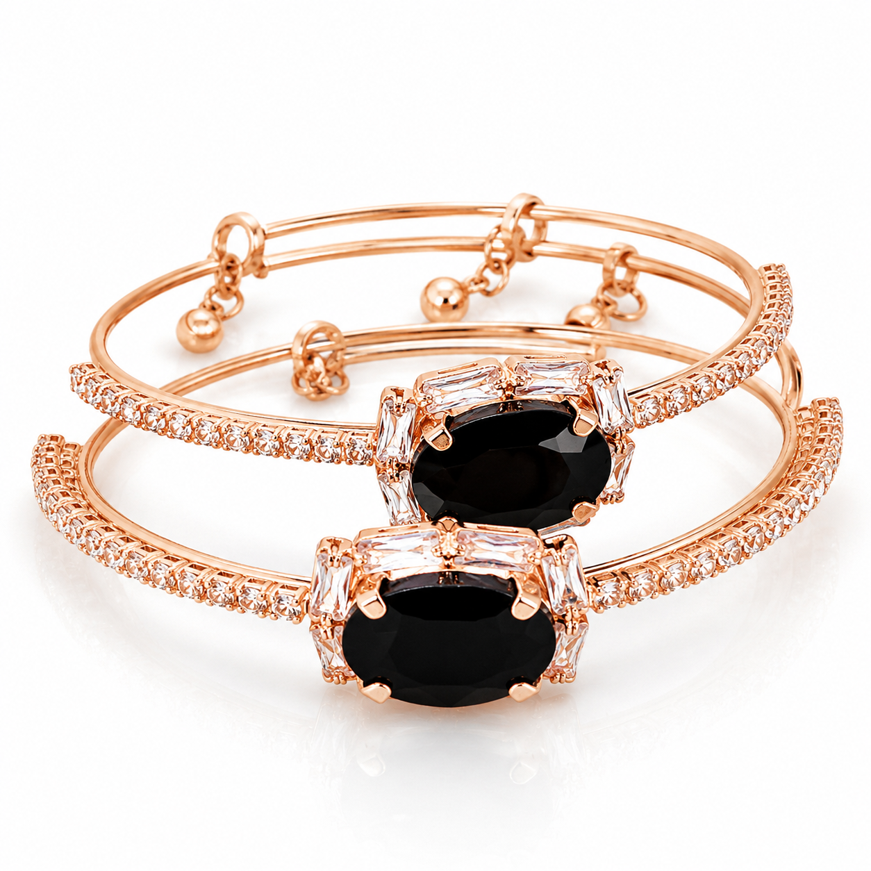 Rose Gold Midnight Oval Crystal Hinged Bangle Bracelet Set (Pack of 2)