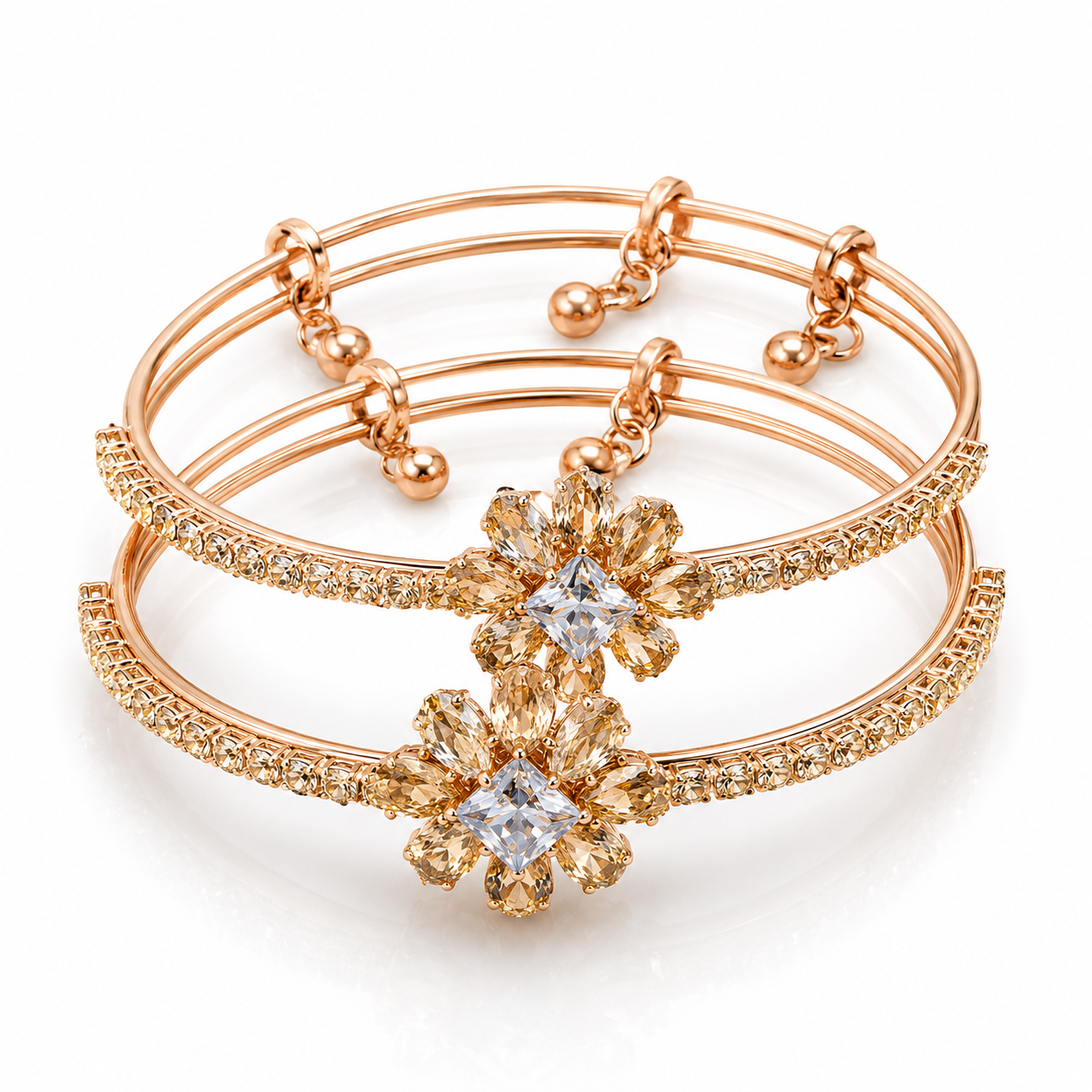 Rose Gold Floral Crystal Adjustable Bracelet Set (Pack of 2)