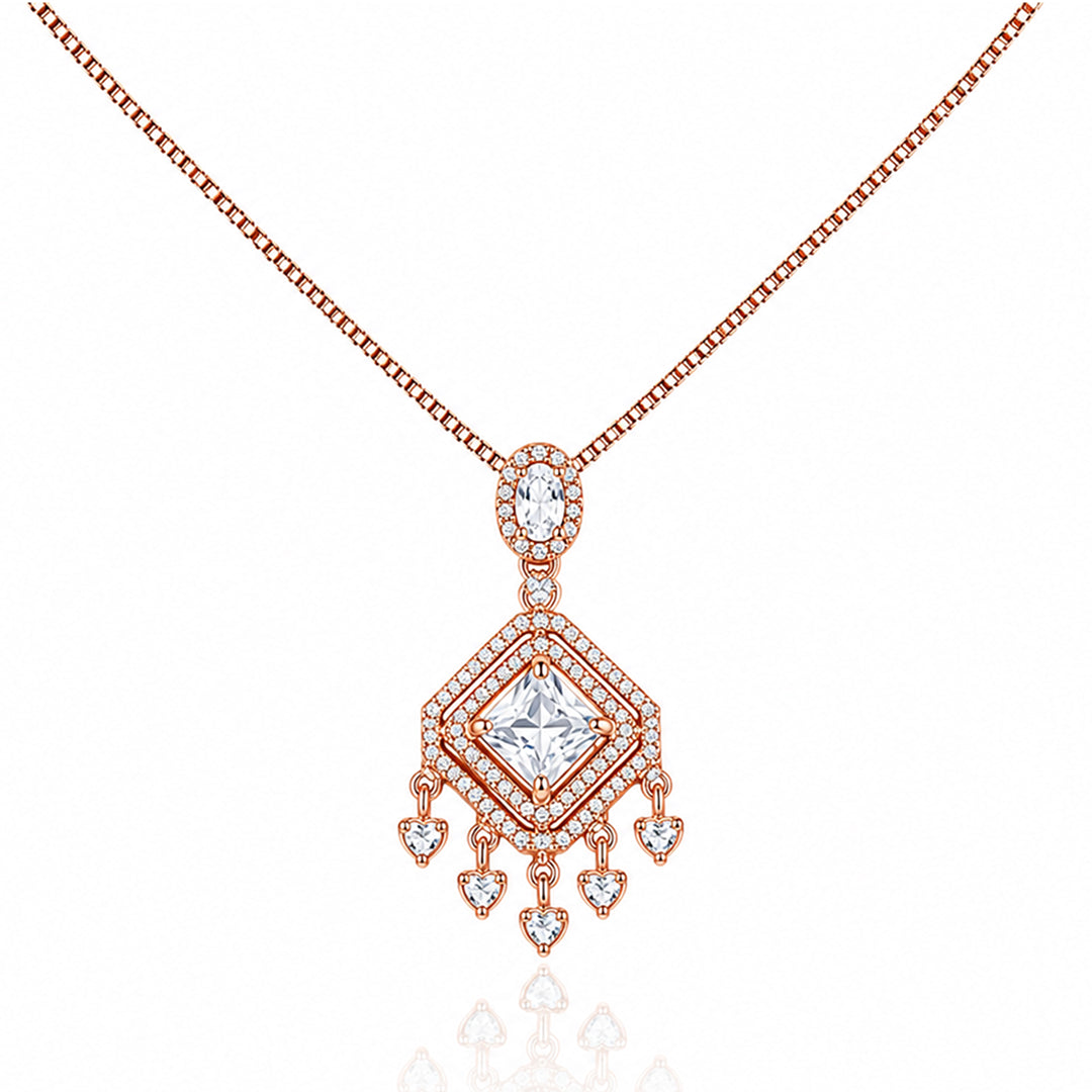 Rose Gold Geometric Crystal Pendant Necklace with Princess Cut Center Stone and Crystal Drop Accents for Women