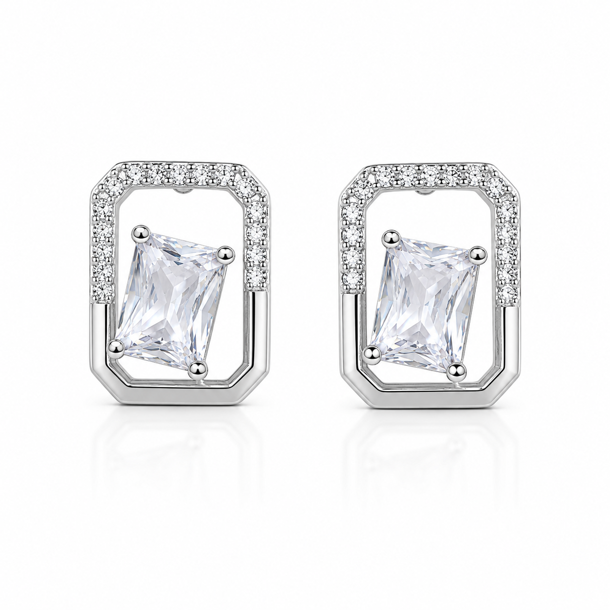 Silver Clear Emerald Geometric Stud Earrings