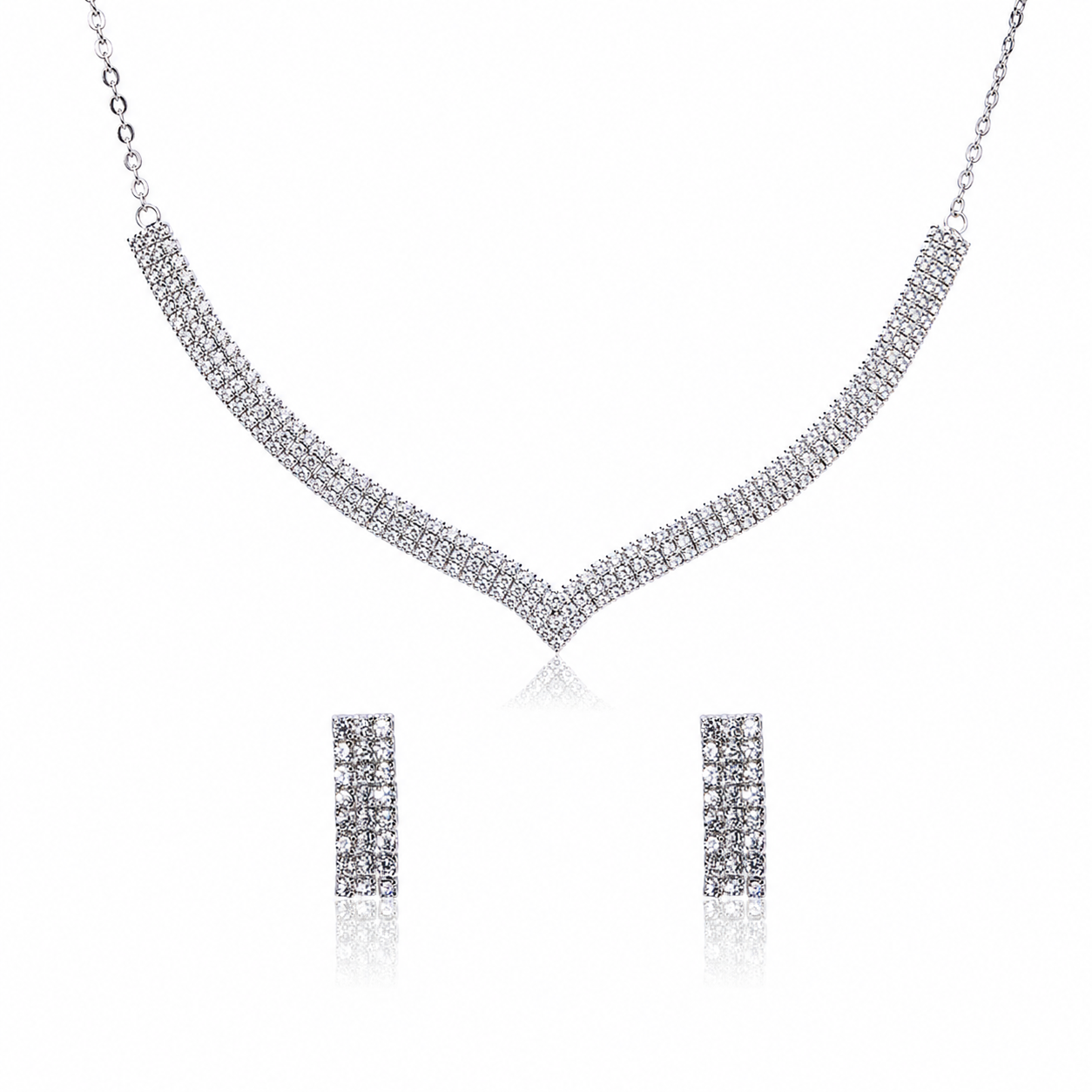 Silver Crystal V Necklace & Stud Earrings Set