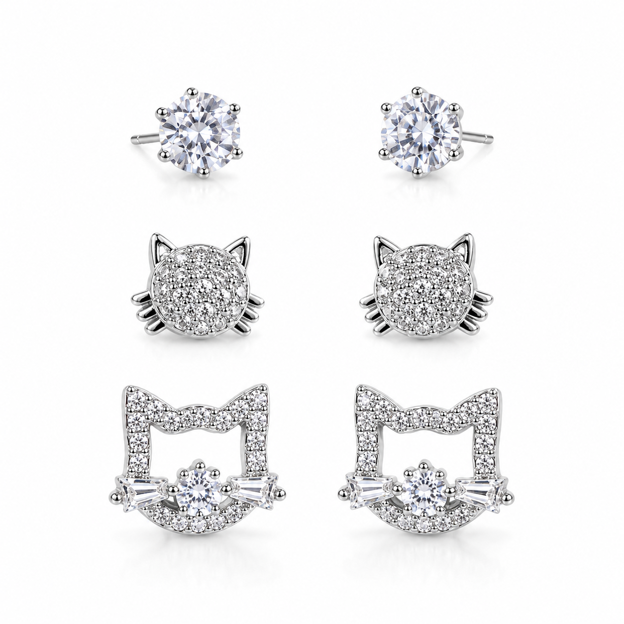 Silver Cute Cat Stud Earrings Set of 3