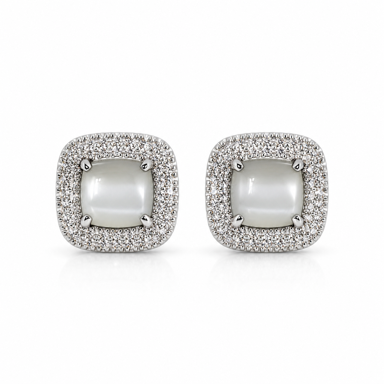 Silver Square Halo Stud Earrings