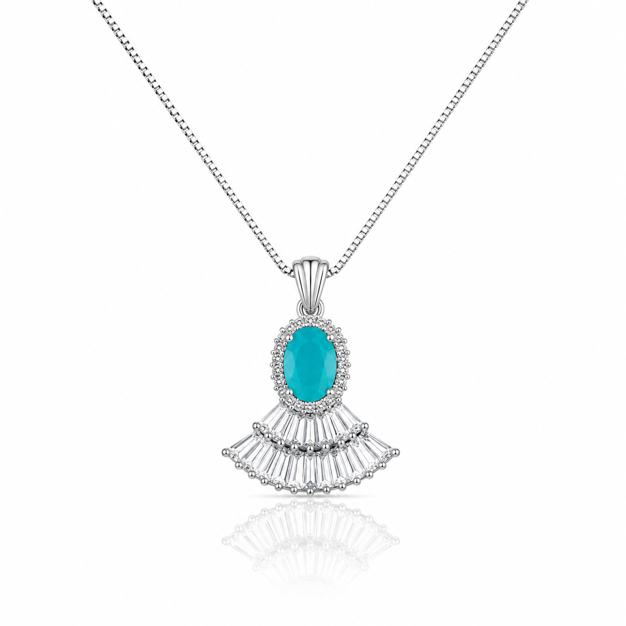 Silver pendant necklace featuring a blush pink oval crystal with sparkling fan-shaped baguette zircon detailing on a delicate box chain.