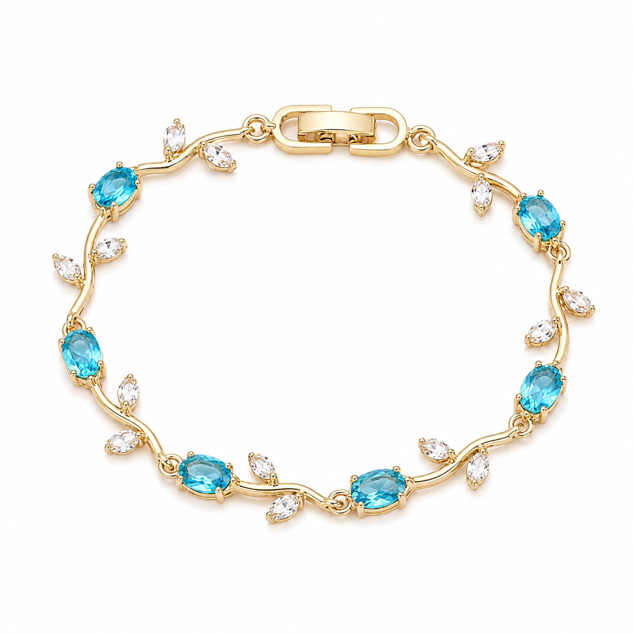 Sky Blue Tulip Light Gold Floral Gemstone Bracelet